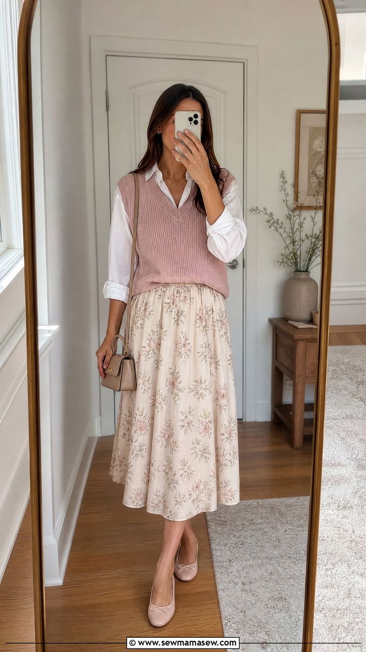 Sweater Vest with a Flowy Midi Skirt - 30 Feminine spring outfits