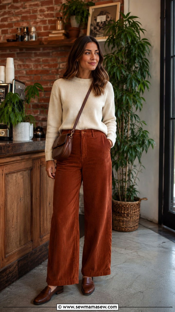 Sweater With Corduroy Wide Leg Trousers - 25 Wide leg trousers outfit ideas with a sweater