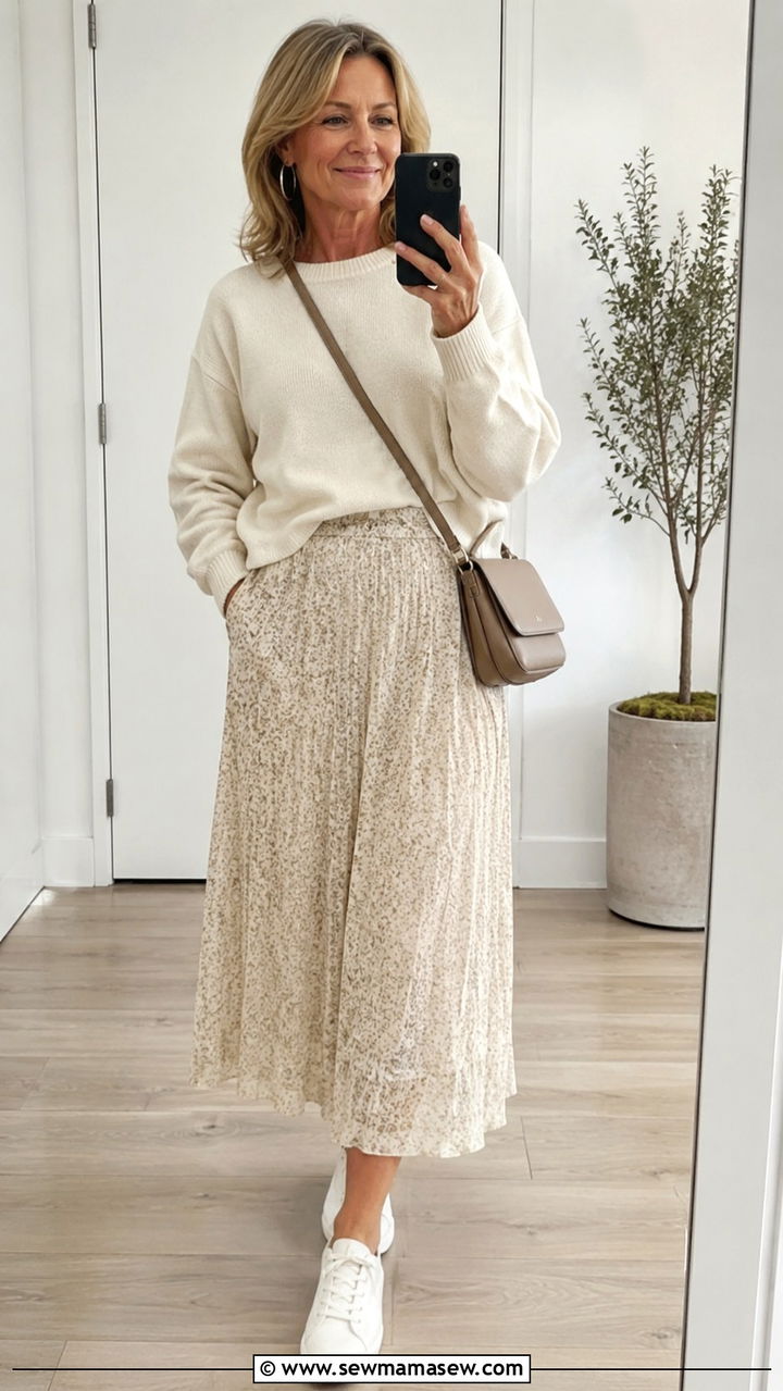 Sweater With Midi Skirt And Sneakers - 25 Outfit ideas for women over 50 weekend
