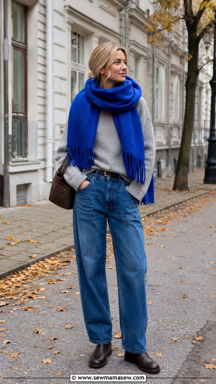 Sweater With Relaxed Jeans And Statement Scarf - 30 casual scandinavian outfits