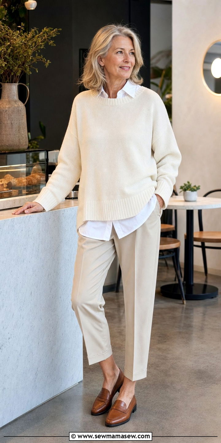 Sweater With Tailored Trousers And Loafers Outfit - 35 Brunch outfits for women over 50