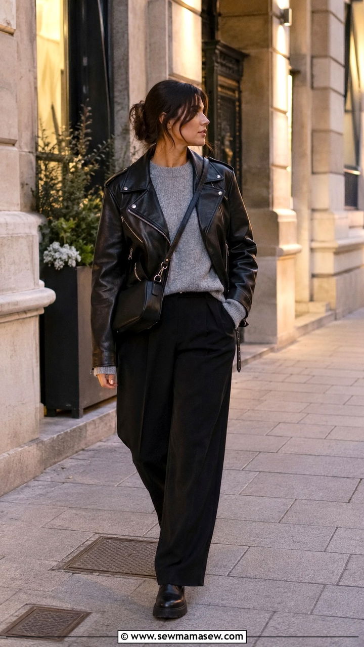 Sweater With Wide Leg Trousers And Leather Jacket - 25 Wide leg trousers outfit ideas with a sweater