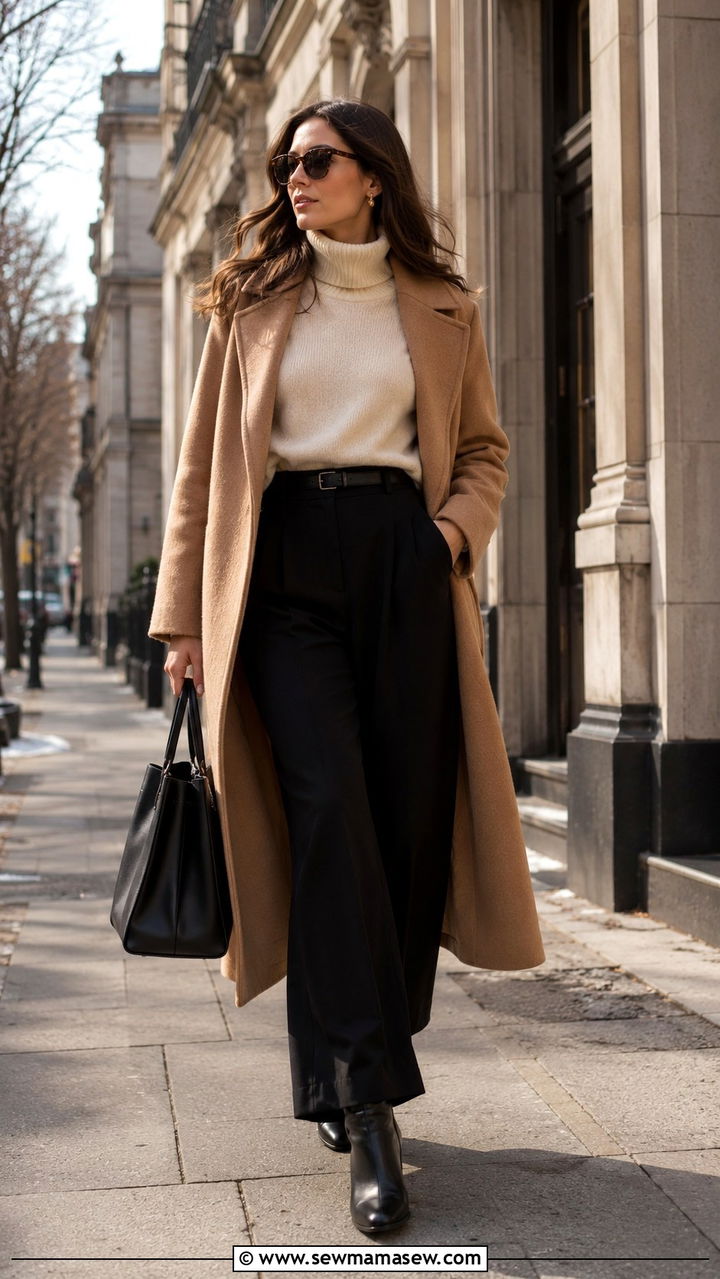 Sweater With Wide Leg Trousers And Long Wool Coat - 25 Wide leg trousers outfit ideas with a sweater