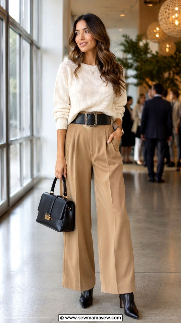 Sweater With Wide Leg Trousers And Statement Belt - 25 Wide leg trousers outfit ideas with a sweater
