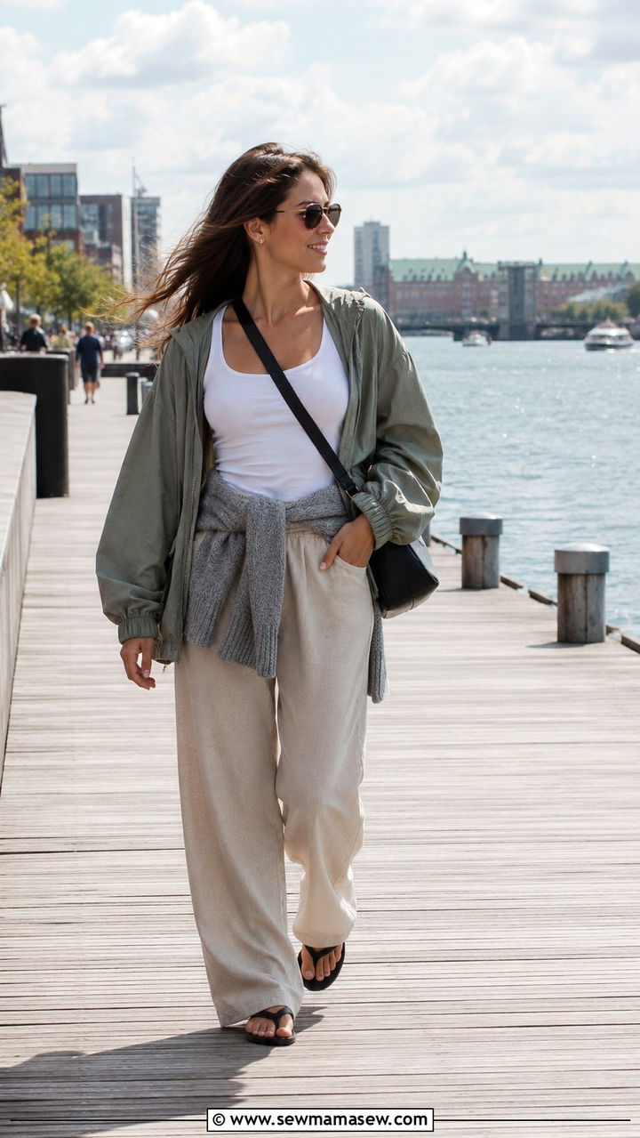 Sweater Worn Around Waist With Flip Flops And Wind Jacket - 30 Danish outfit ideas