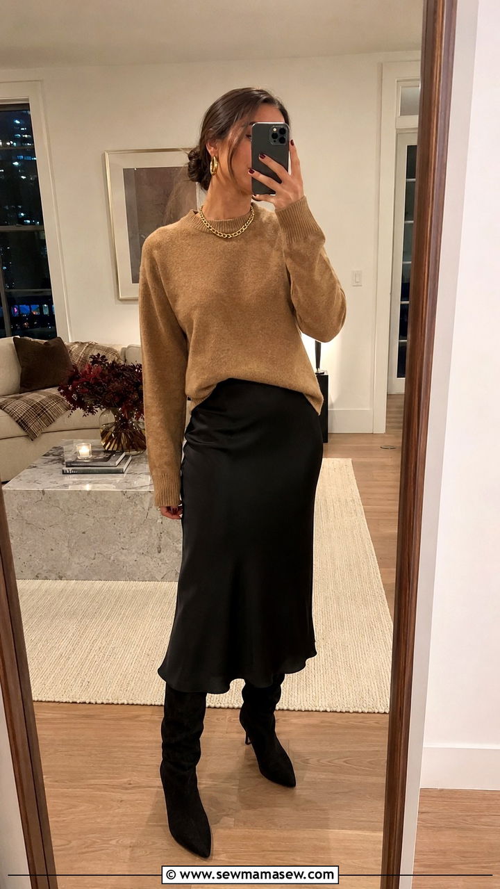 Sweater and Midi Skirt Gold Jewelry - 30 Gold jewelry outfit ideas