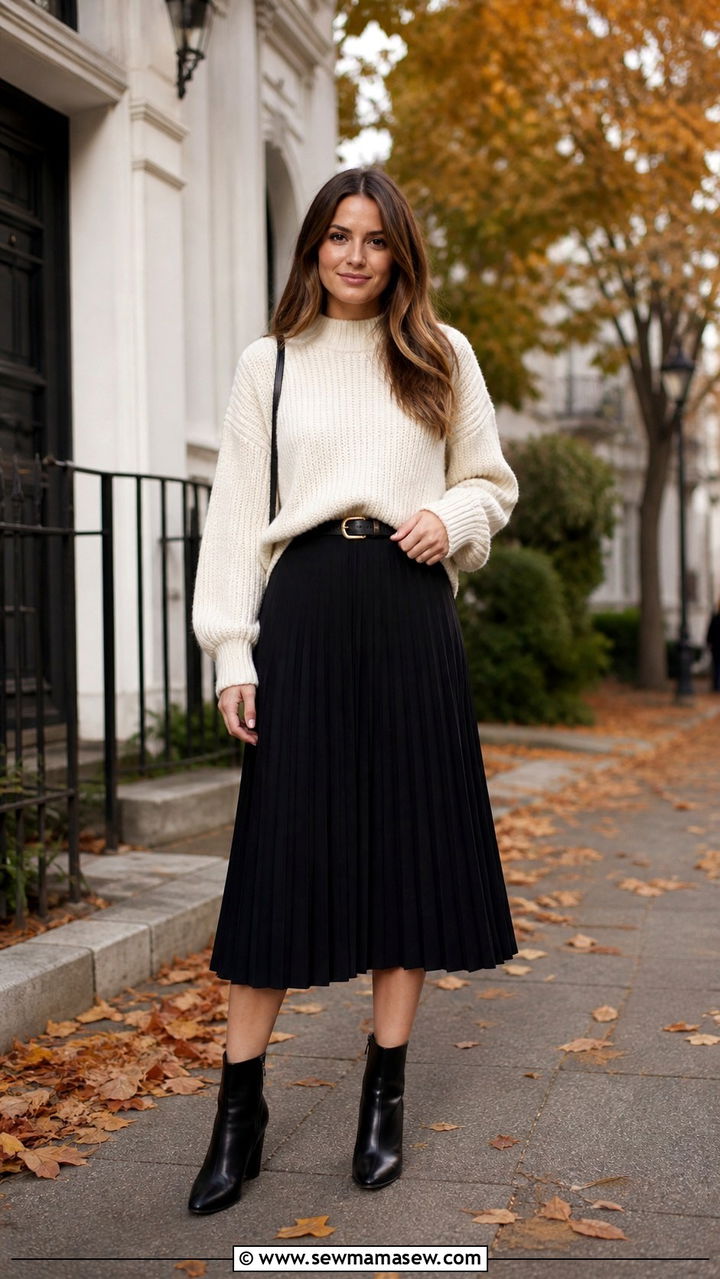 Sweater and Midi Skirt with Ankle Boots - 40 classy office outfit ideas