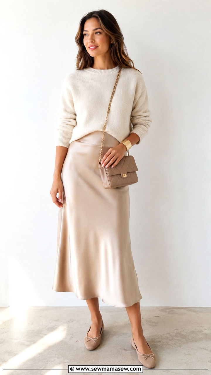 Sweater and Satin Midi Skirt Brunch Outfit - 30 Brunch outfit ideas Bay Area