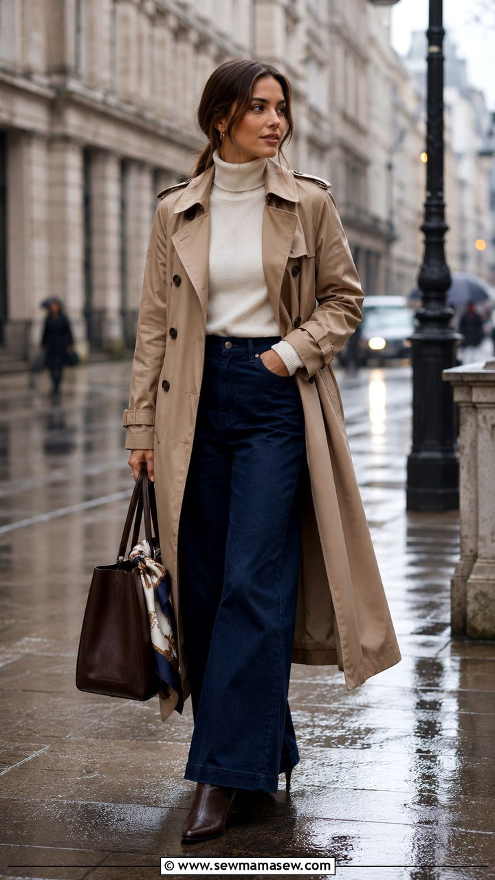 Sweater and Wide Leg Jeans With a Classic Trench Coat - 25 Wide leg jeans outfit ideas with a sweater