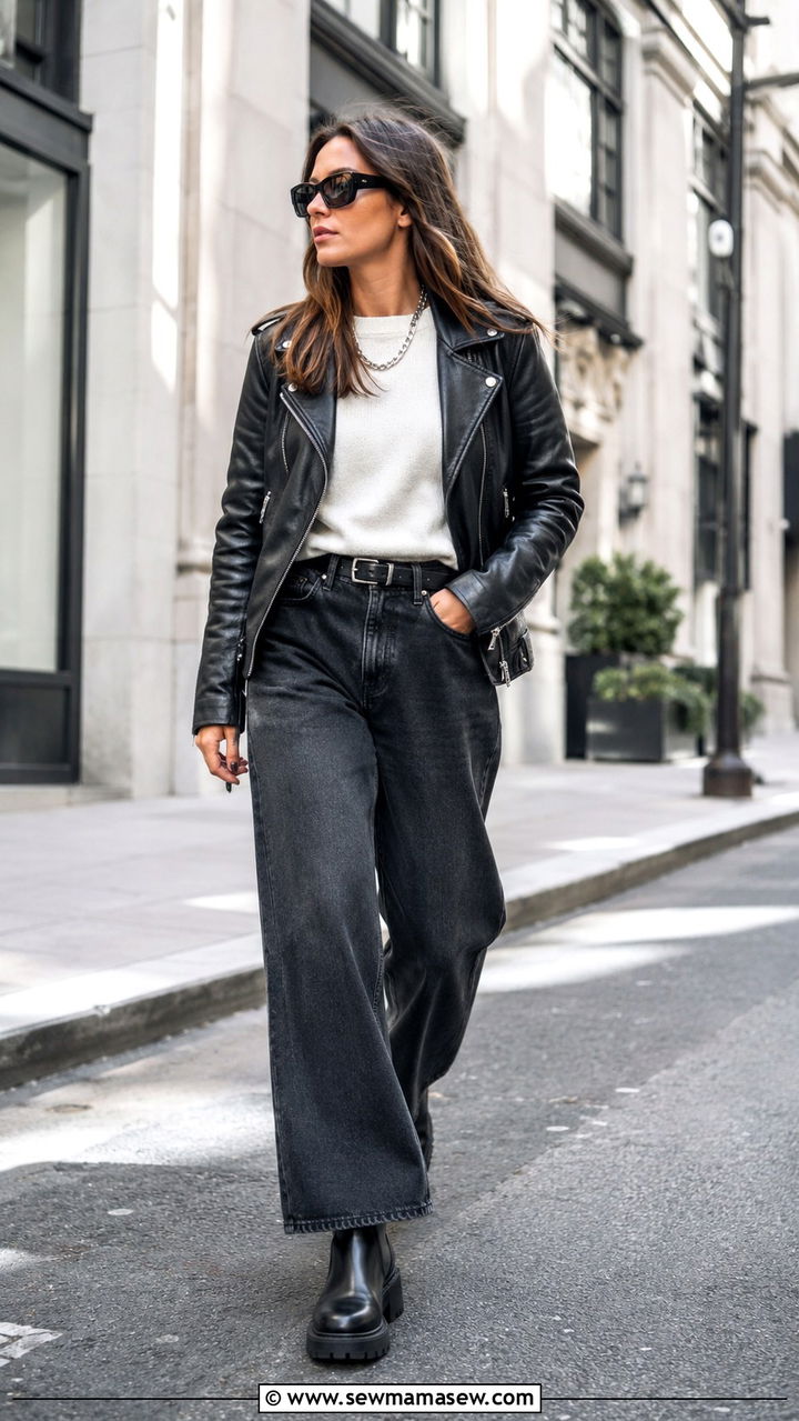 Sweater and Wide Leg Jeans With a Leather Moto Jacket - 25 Wide leg jeans outfit ideas with a sweater