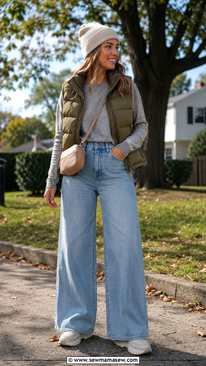 Sweater and Wide Leg Jeans With a Puffer Vest - 25 Wide leg jeans outfit ideas with a sweater