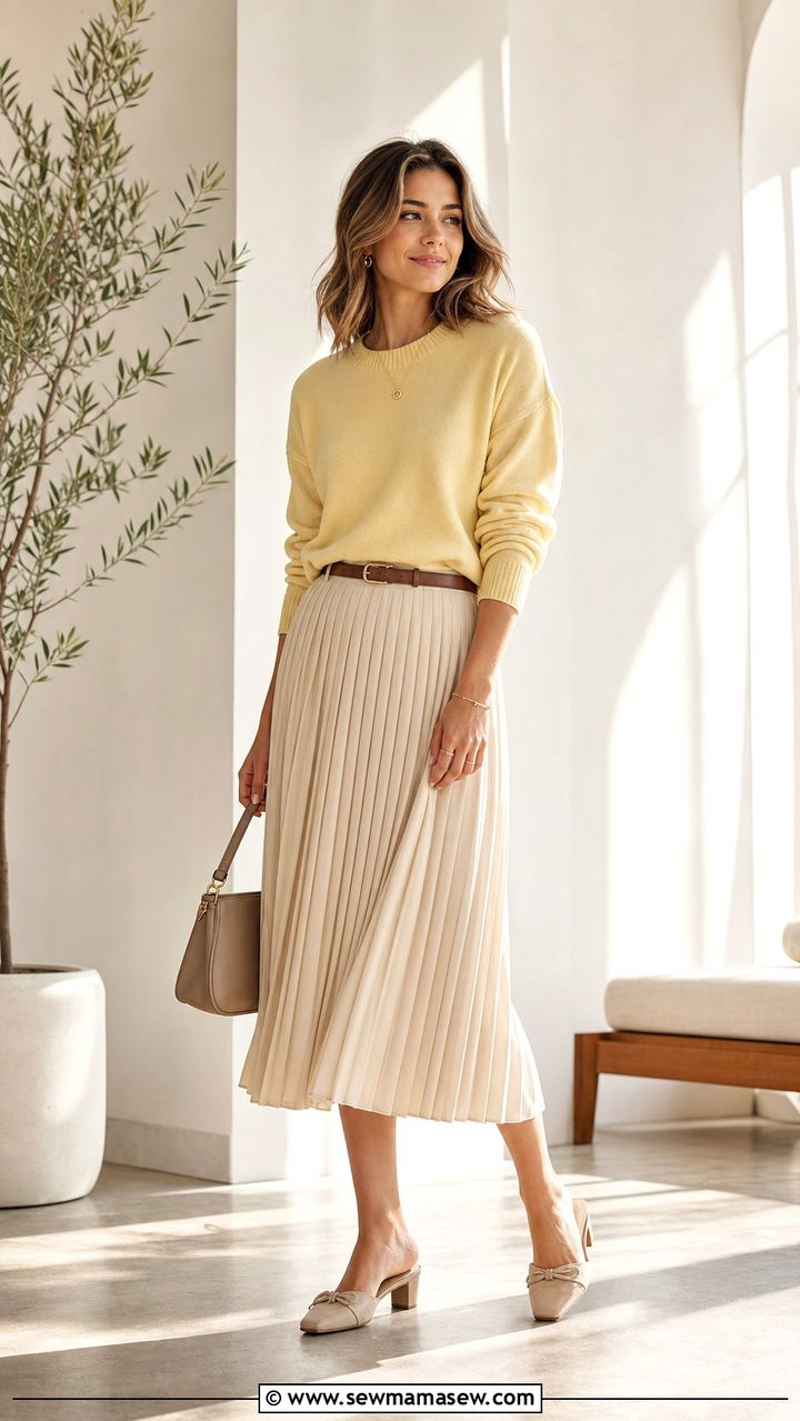 Sweater and pleated midi skirt outfit - 25 spring casual friday outfit ideas