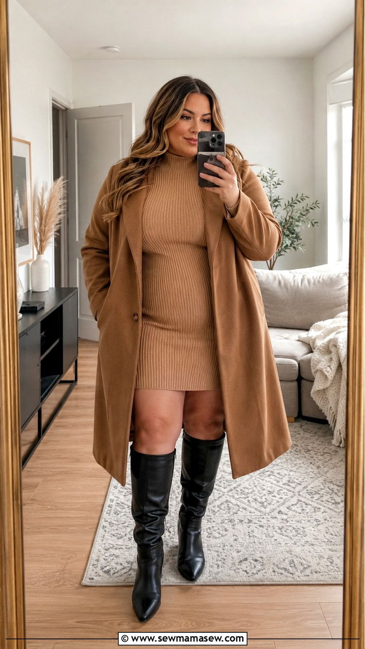 Sweater dress and knee high boots outfit - 20 Plus size outfit ideas size 16