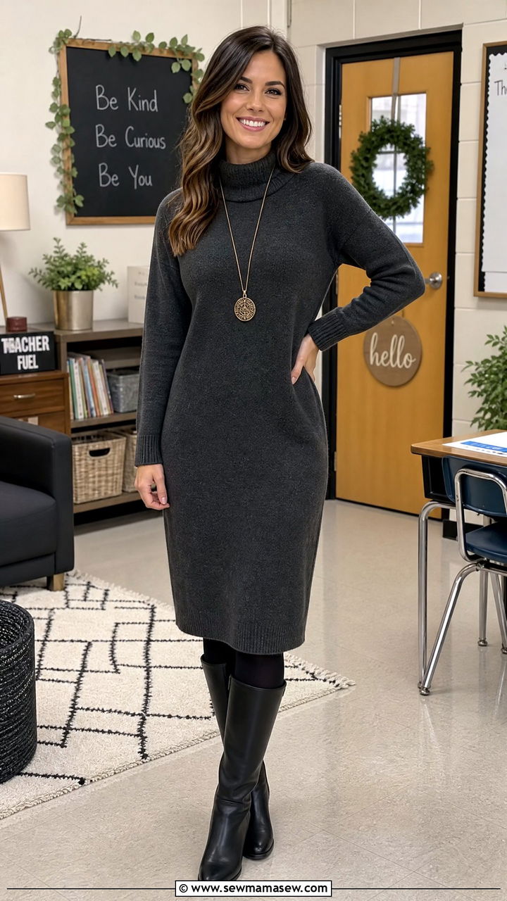 Sweater dress and tights teacher outfit - 30 Elementary teacher outfit ideas