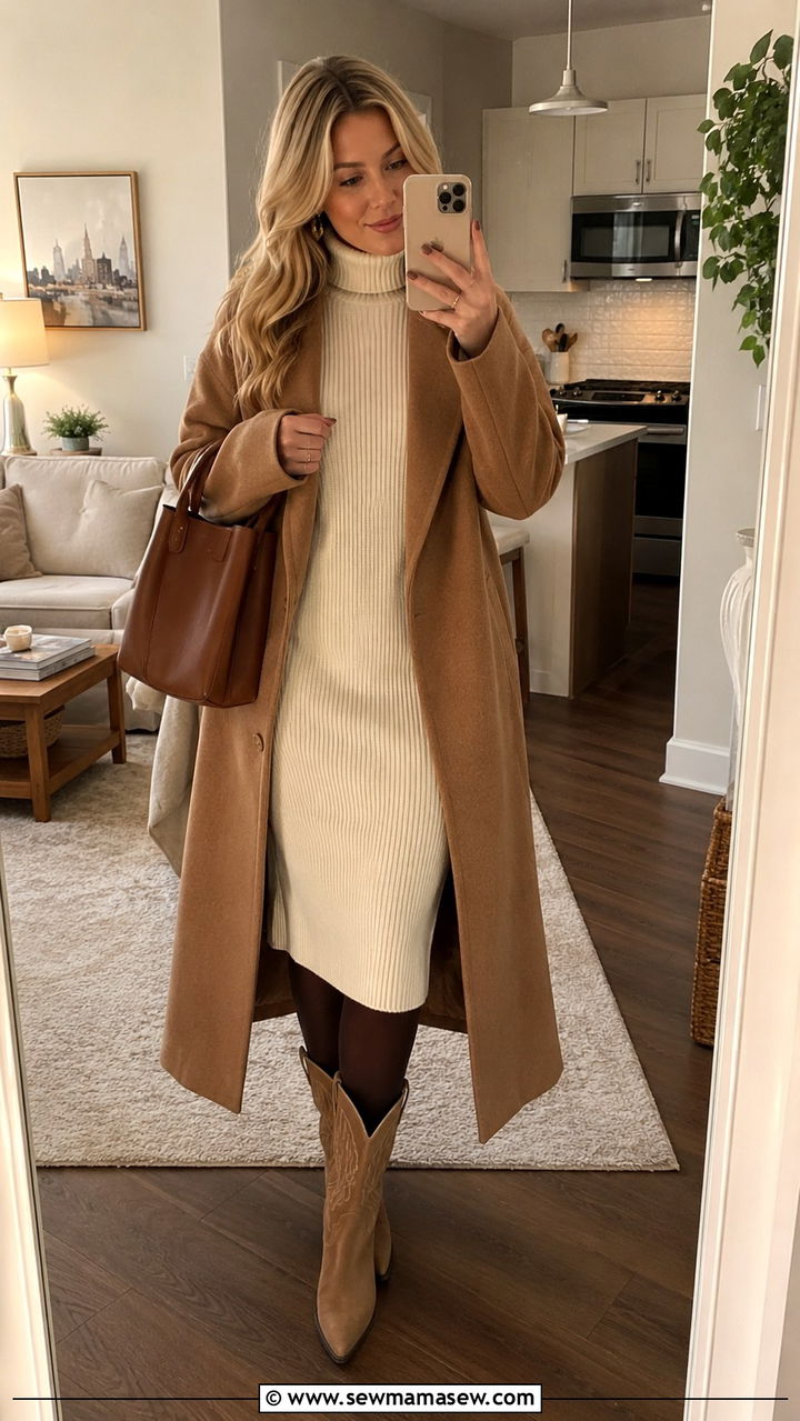 Sweater dress with cowboy boots - 25 Western outfit ideas with cowboy boots