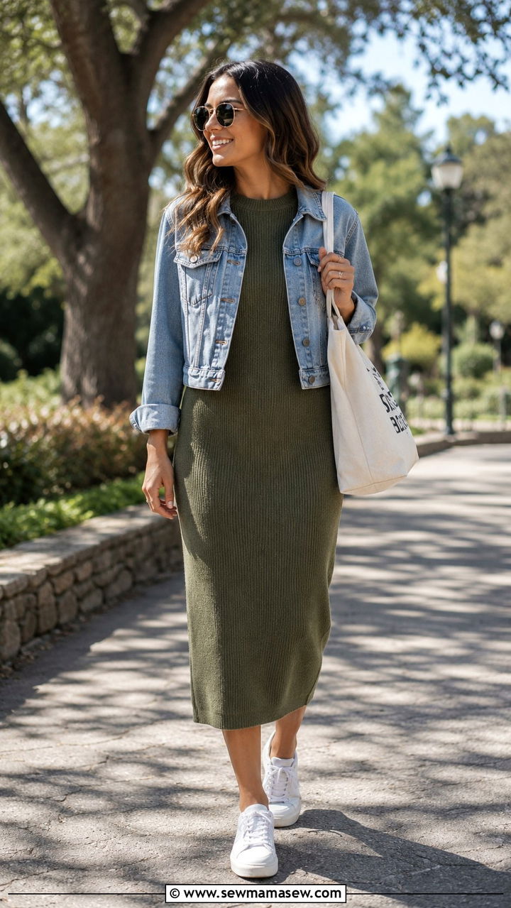 Sweater dress with denim jacket outfit - 30 how to style sweater dress