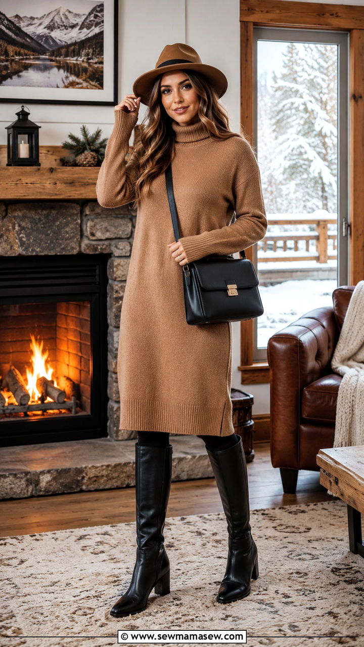 Sweater dress with fleece lined tights and knee high boots - 25 Modest outfit ideas for mountain trip