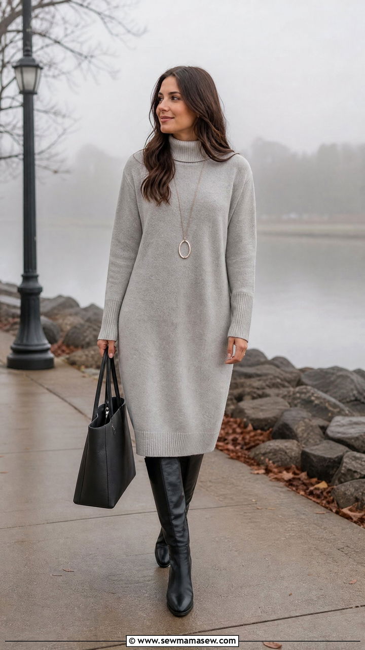Sweater dress with knee high boots - 25 Foggy day outfit ideas