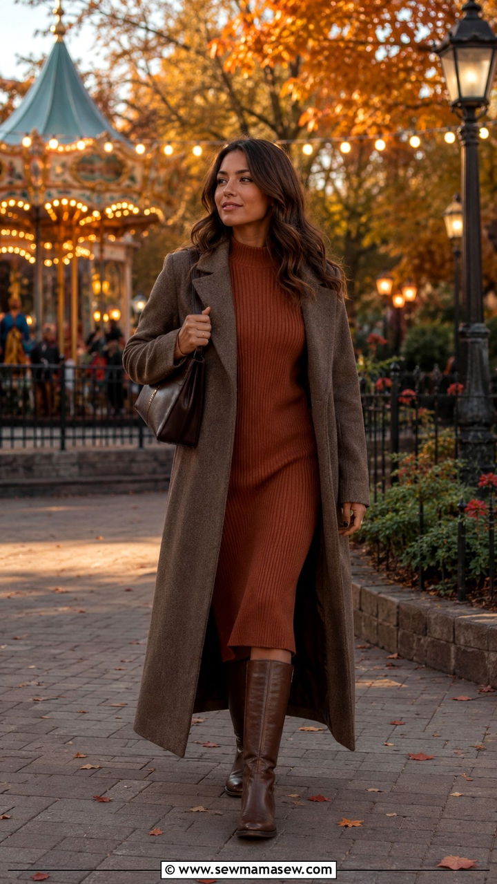 Sweater dress with knee high boots - 30 theme park outfit ideas