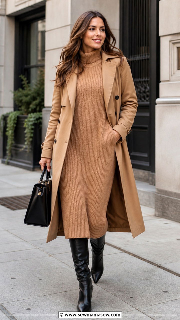 Sweater dress with knee high boots and trench coat - 40 casual office outfits