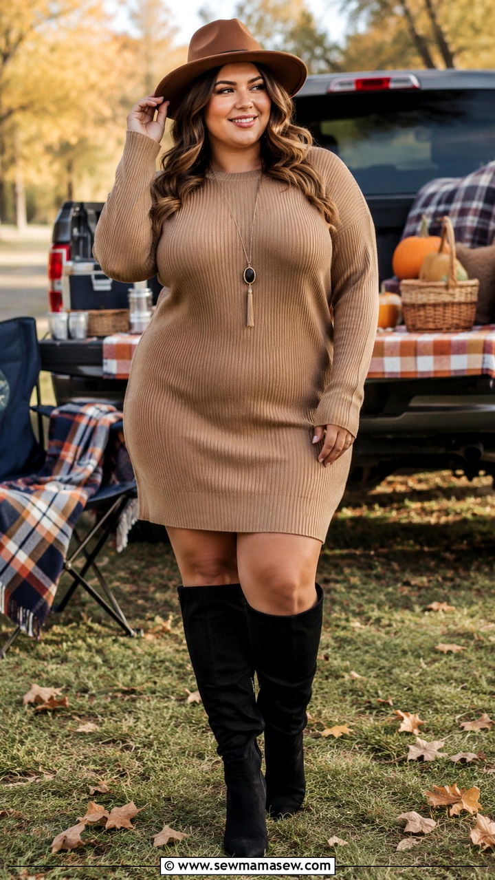 Sweater dress with knee high boots outfit - 30 Plus size tailgate outfit ideas