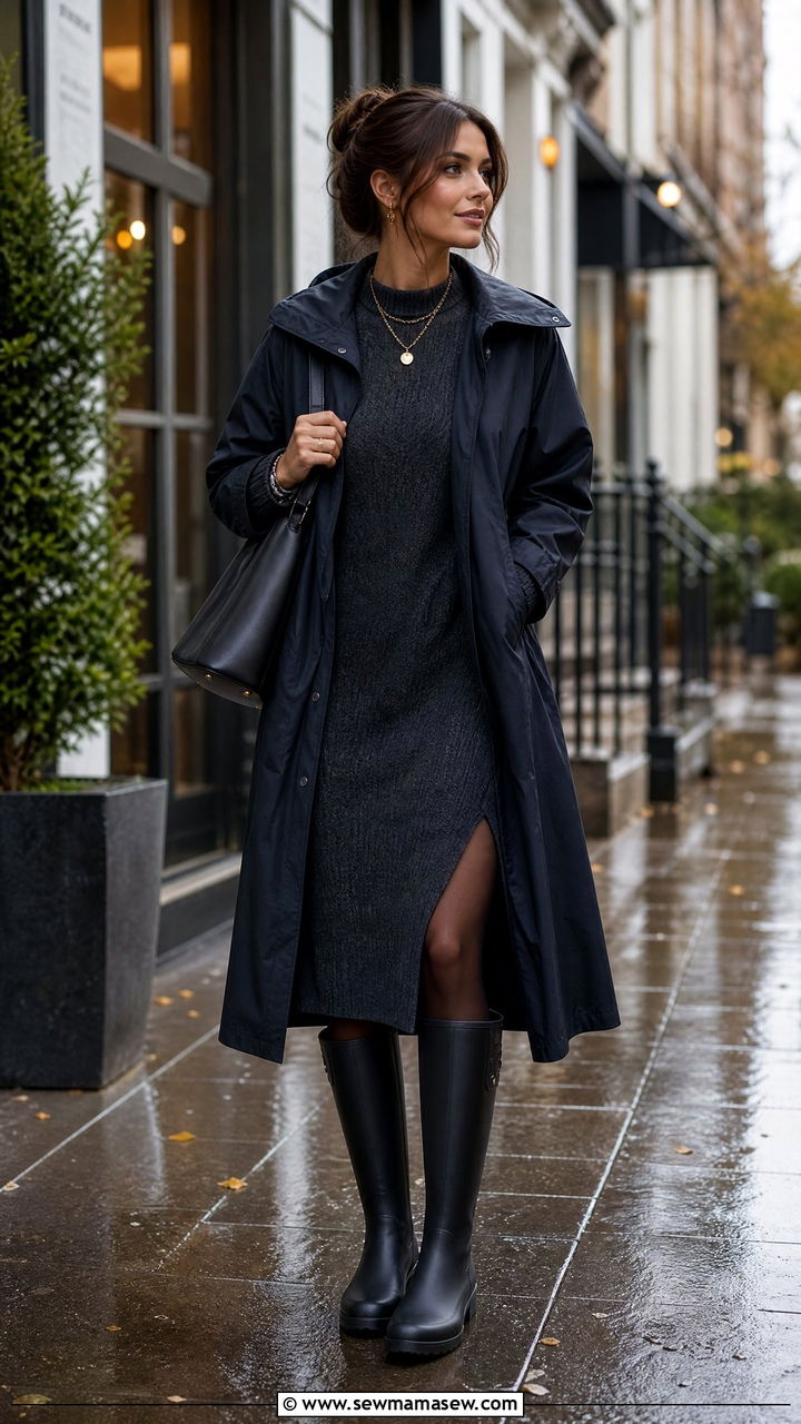 Sweater dress with knee high rain boots - 30 Cozy rainy day outfit ideas