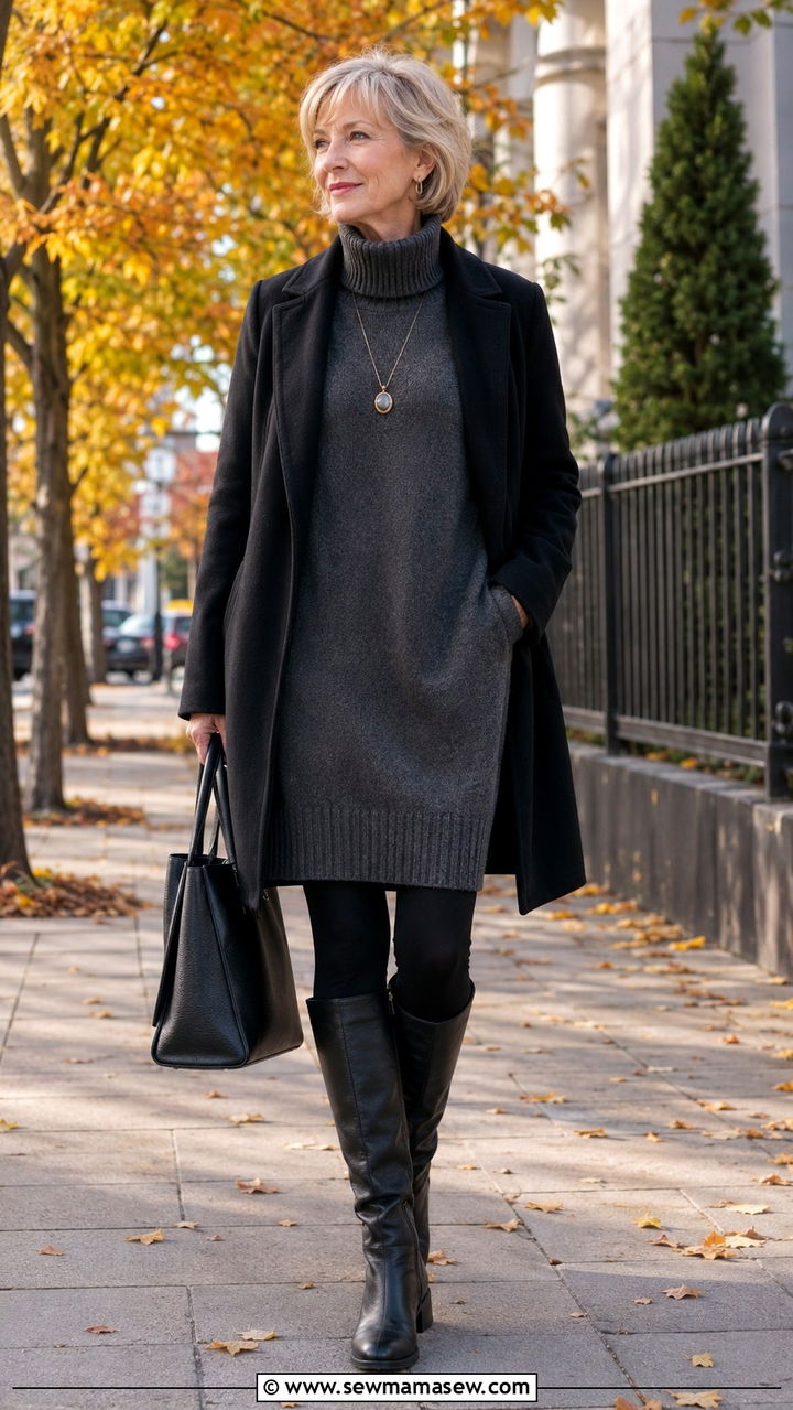 Sweater dress with leggings and knee high boots - 25 Athleisure outfit ideas for women over 50