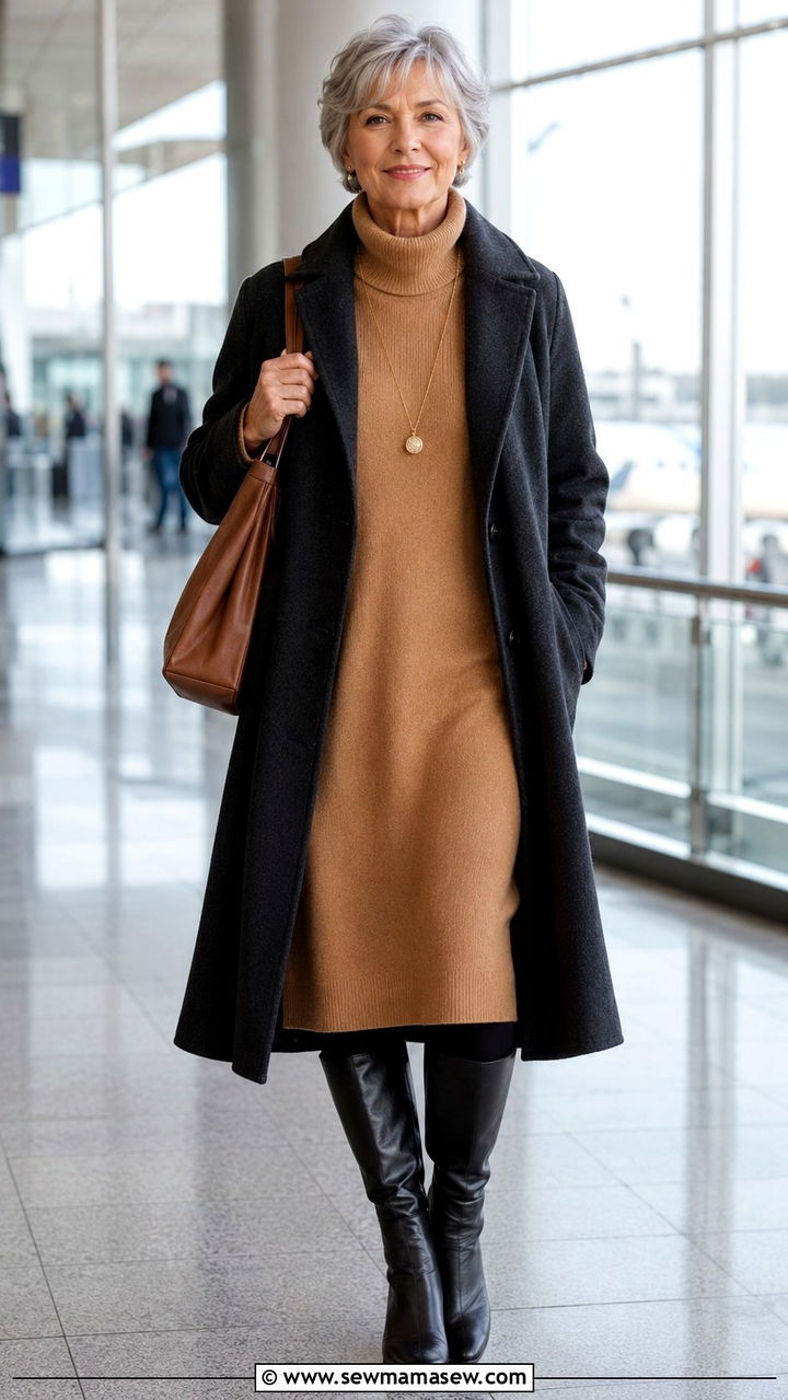 Sweater dress with opaque tights and knee high boots - 20 Airport outfit ideas for women over 60