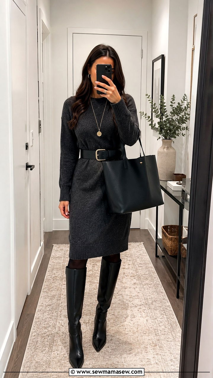 Sweater dress with opaque tights and knee high boots - 30 Sweater outfit ideas for work