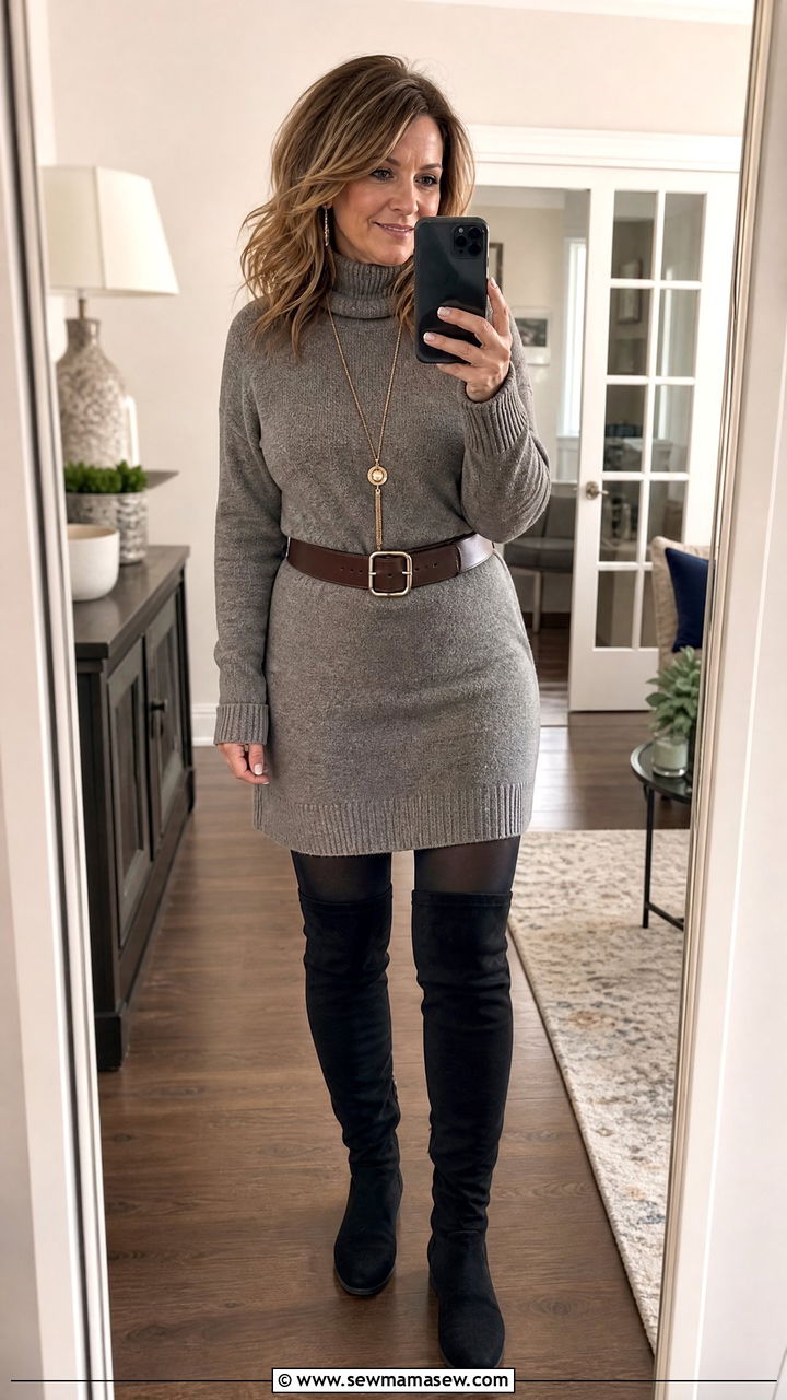 Sweater dress with opaque tights and over the knee boots - 35 Midsize outfits for women over 40