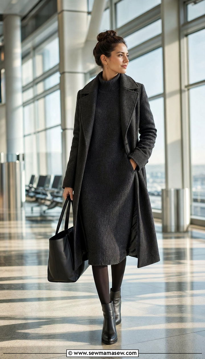 Sweater dress with tights and ankle boots - 35 Airport outfits for long flights