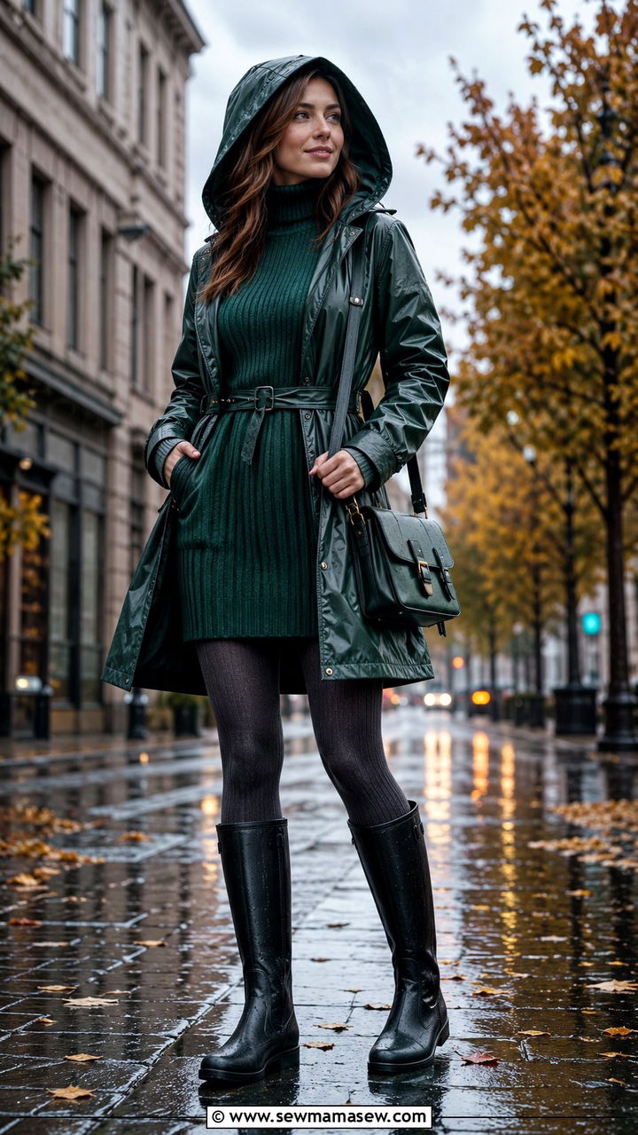Sweater dress with waterproof knee high boots outfit - 20 Thunderstorm outfit ideas