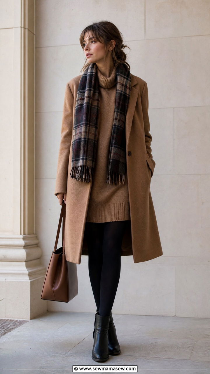Sweater dress with wool coat and opaque tights outfit - 40 light academia outfits