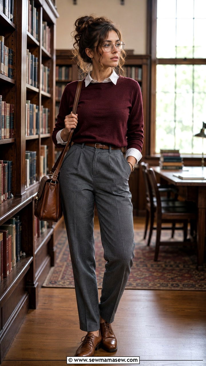 Sweater layered over a collared shirt - 30 librarian core outfits ideas