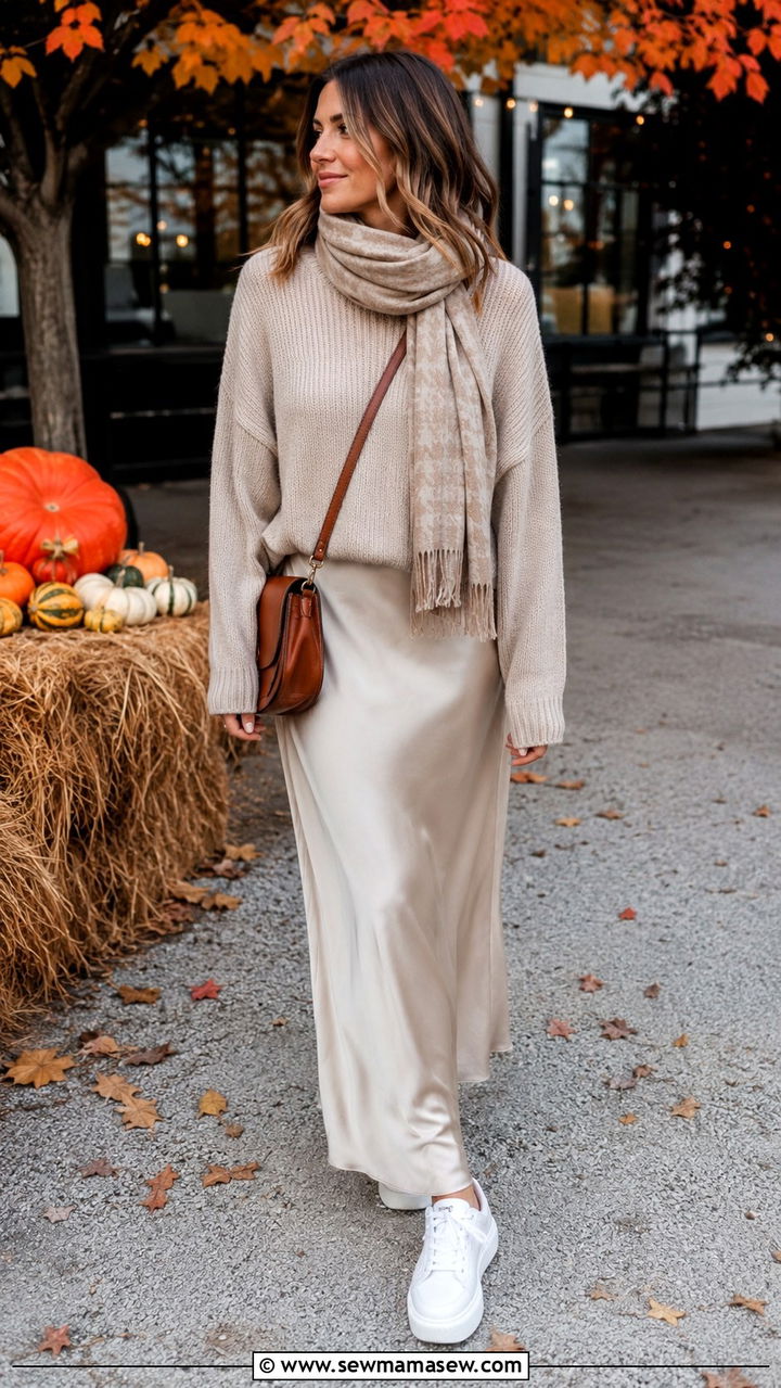 Sweater layered over maxi dress with sneakers - 30 Maxi dress with sneakers outfit ideas