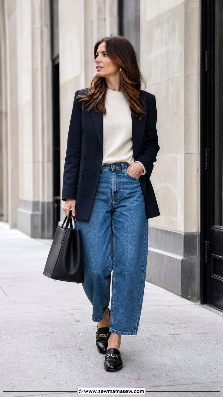 Sweater layered under a blazer with barrel jeans and loafers - 25 Barrel jeans outfit ideas with a sweater