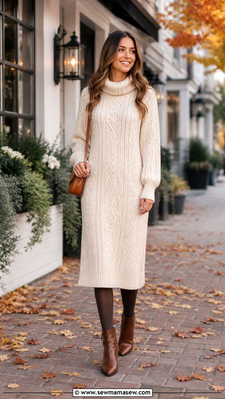 Sweater midi dress with ankle boots - 40 midi dress outfit ideas