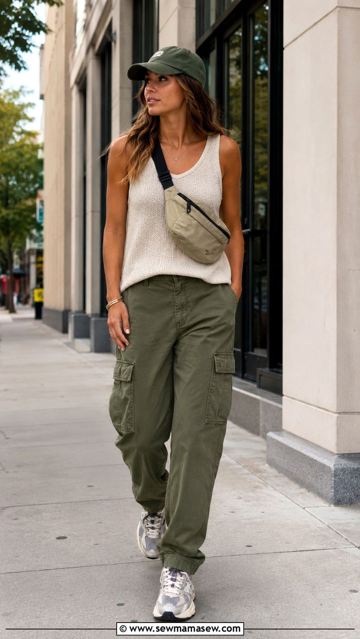 Sweater tank with cargo pants and sneakers outfit - 30 In between season outfit ideas