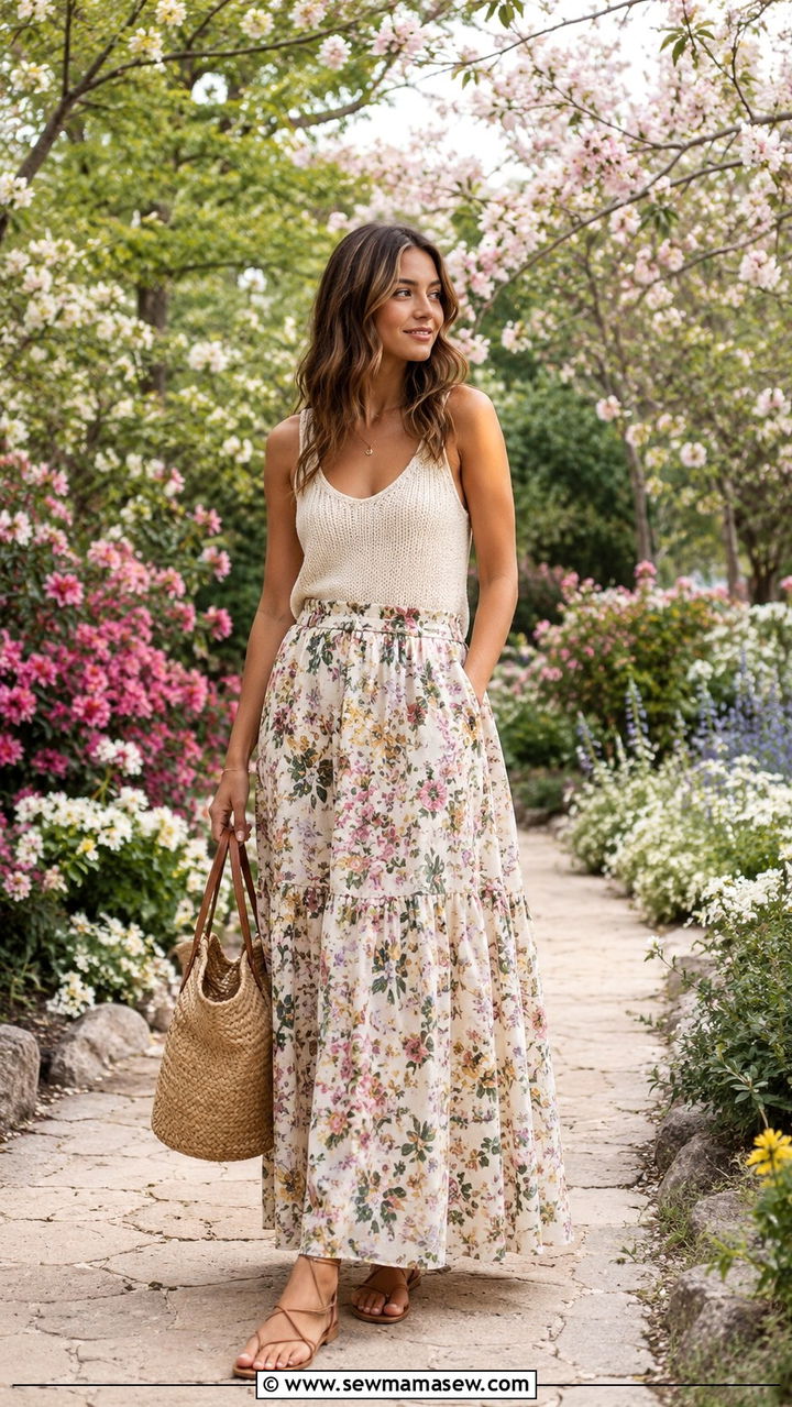 Sweater tank with floral maxi skirt - 30 Spring outfits with maxi skirts