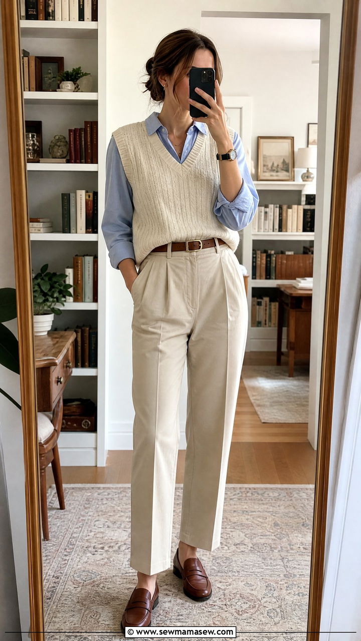 Sweater vest and button down shirt outfit - 30 librarian core outfits ideas