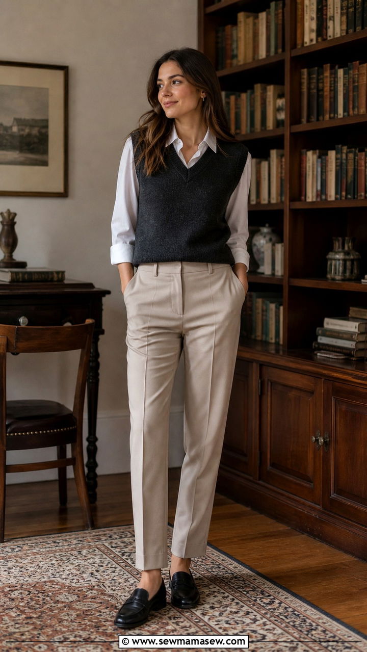Sweater vest and button down shirt outfit - 20 casual librarian core outfits