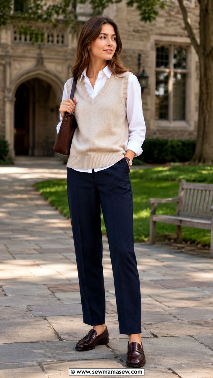 Sweater vest and button down with loafers - 30 Middle school teacher outfit ideas