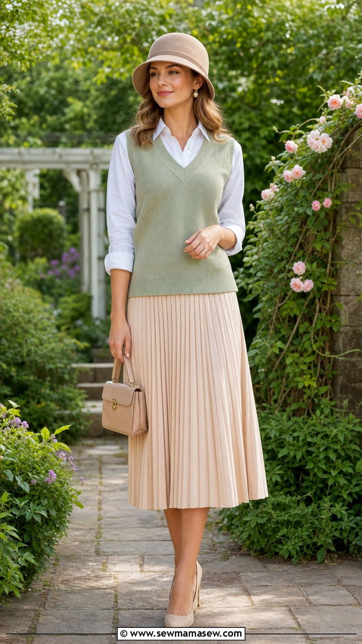 Sweater vest and pleated midi skirt with cloche hat - 25 Spring outfits with hats