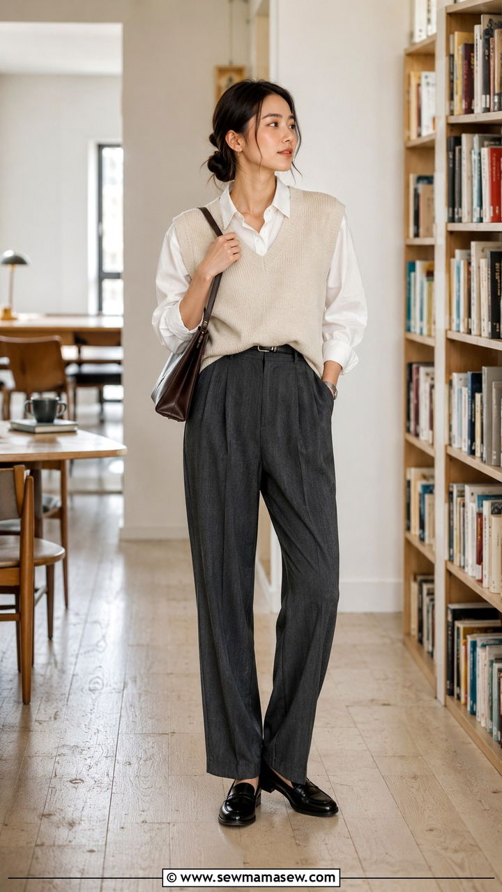 Sweater vest and pleated trousers travel outfit - 25 Minimalist travel capsule wardrobe