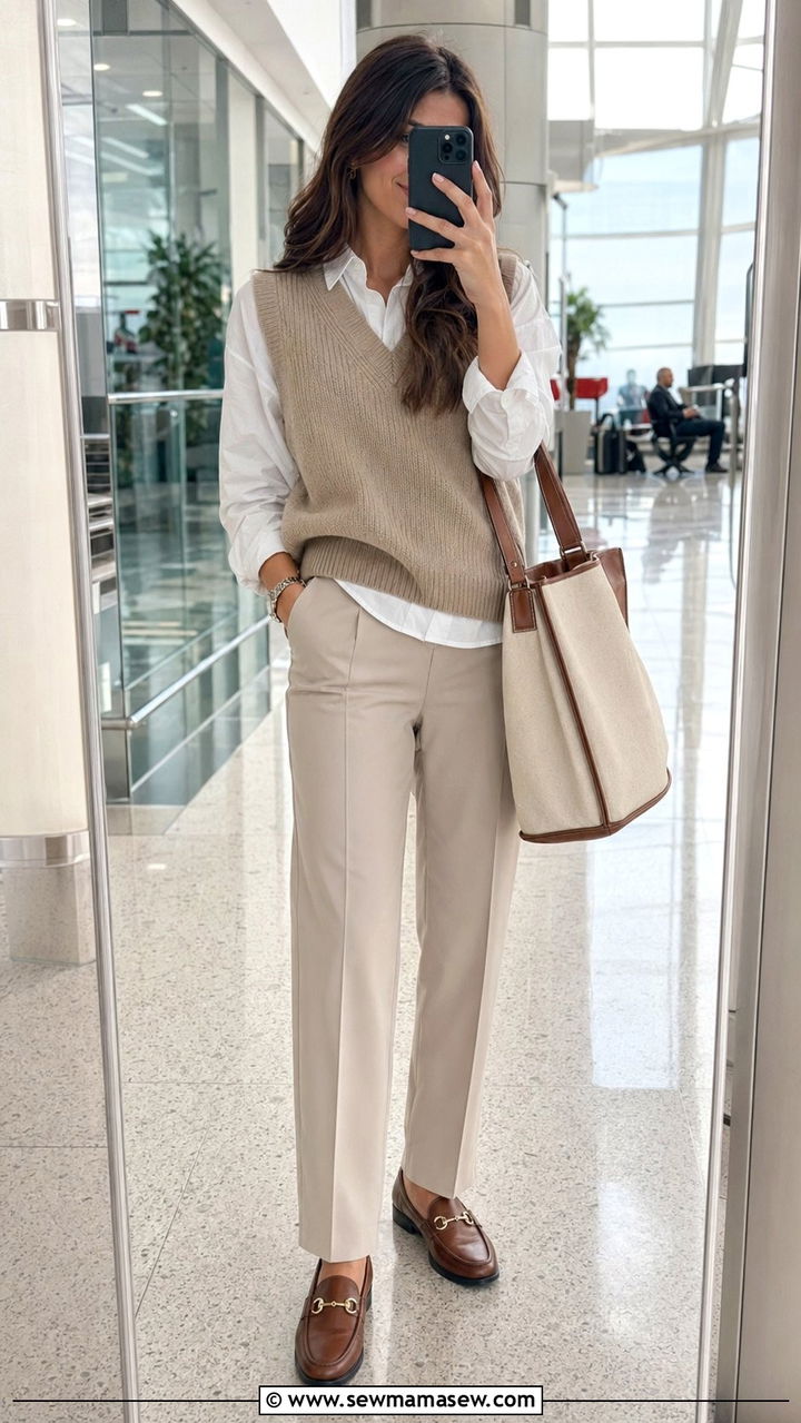Sweater vest and tailored pants airport outfit - 35 airport outfits 2026