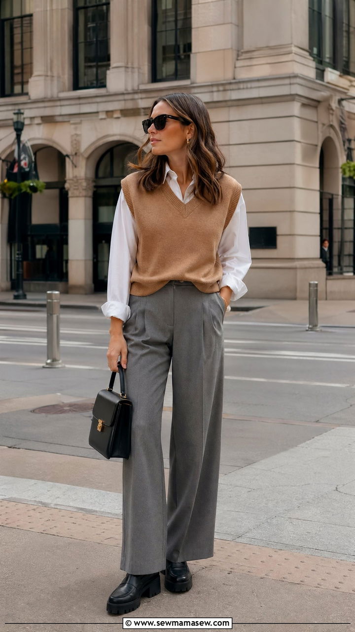 Sweater vest and trousers for city vacation - 35 Family vacation outfit ideas