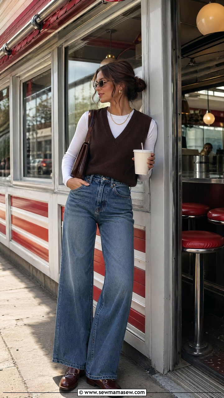 Sweater vest and wide leg jeans retro preppy - 35 First day of college outfit ideas