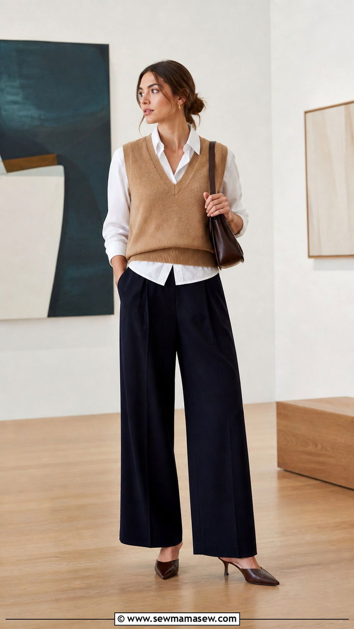 Sweater vest and wide leg tailored trousers - 40 What to wear in Sydney