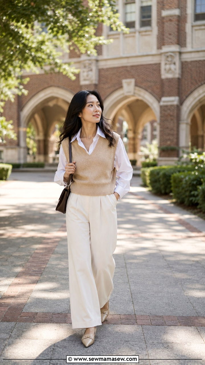 Sweater vest and wide leg trousers - 30 Petite office outfit ideas