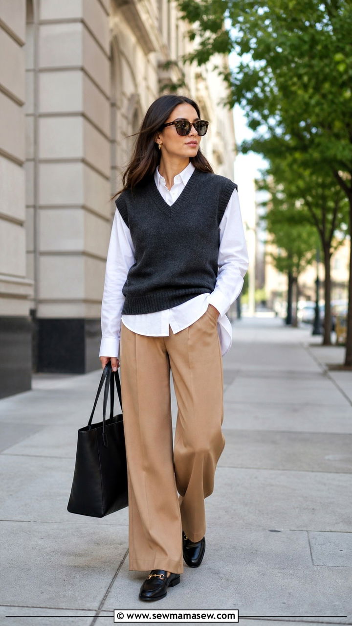 Sweater vest and wide leg trousers travel outfit - 40 travel outfits for women